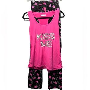 • Kiss Me Pajama Set Tank Top and Pants PJs Pink, Black, White Polka Dots